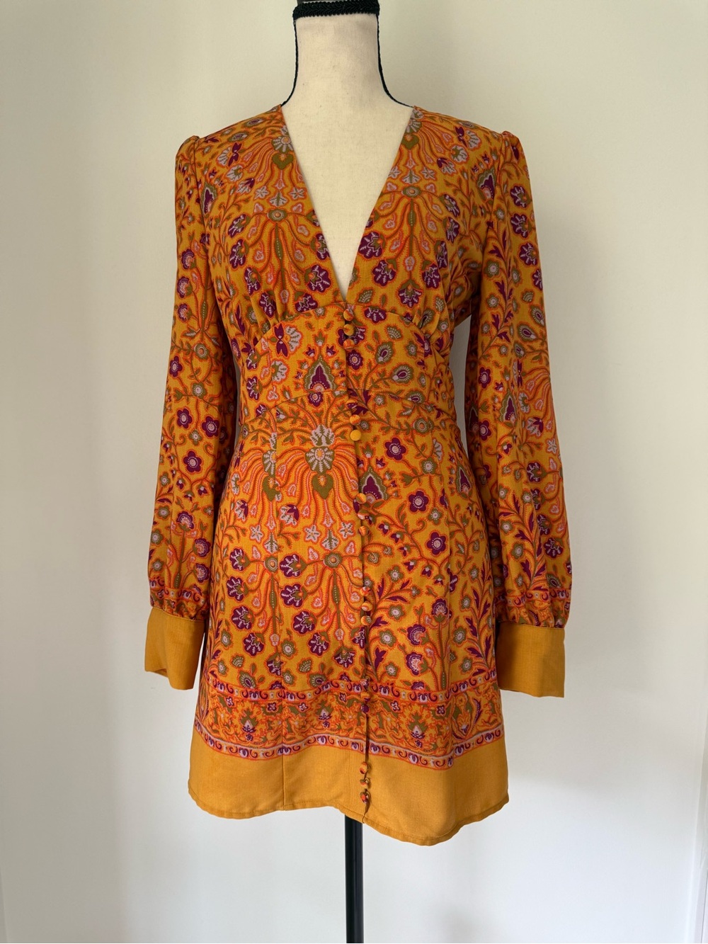 Urban Outfitters Mustard Floral Mini Dress with Pink & Orange Accents